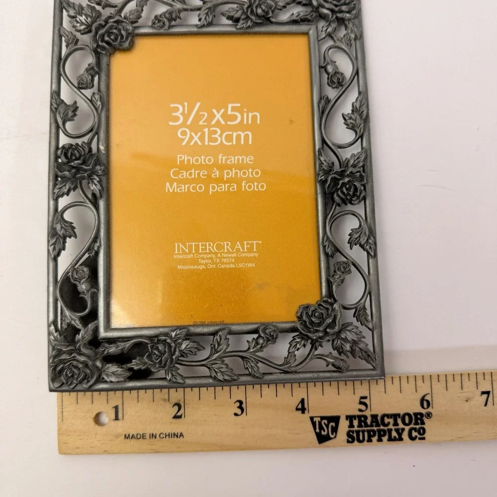 Vintage Intercraft Rose Picture Frames Set Of 2 Pewter Tone Floral 3.5x5 Photo